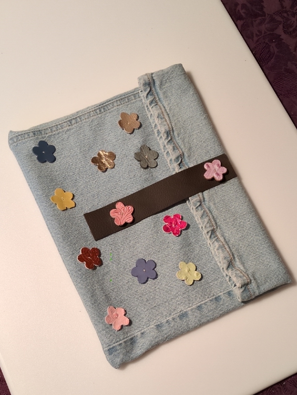 Artisan Handmade Upcycled Denim Notebook Tablet Cover Clutch Leather Flower